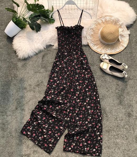 

women's jumpsuits & rompers 2021 summer korea fresh floral print lace up pleated tube women casual jumpsuit, Black;white
