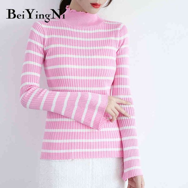 

black pink turtleneck sweater for woman stripe flare sleeve knit sweet casual women highl elastic vintage jumpers 210427, White;black