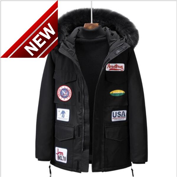 

raccoon fur collar winter clothes workwear men's down jacket outdoor camouflage clothing mid-length thick coat, Black