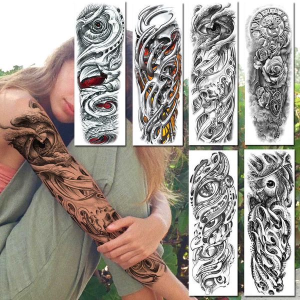 10 pezzi adesivi per tatuaggi moda braccio completo realistici occhi malvagi temporanei per donne uomini manica finta morte teschio rosa pasta