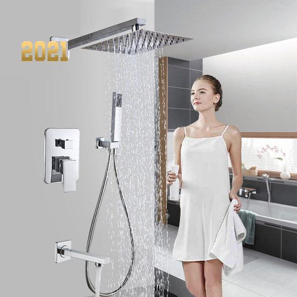 

bathroom wall mount 8/10/12/16" rainfall shower faucet set concealed chrome system bathtub handshower mixer tap sets