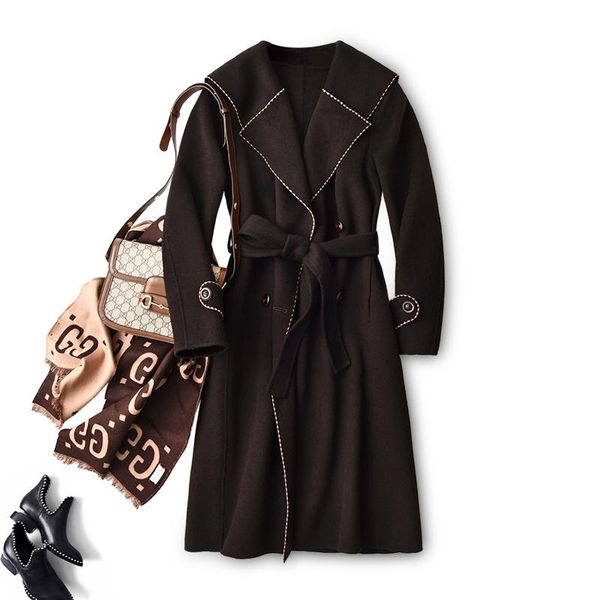 

women's wool & blends shuchan coats for women vintage adjustable waist winter clothes turn-down collar double breasted wide-waisted, Black