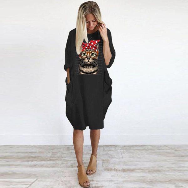 

&35 cat print dress women spring autumn pocket loose o neck casual long dresses plus size winter boho, Black;gray