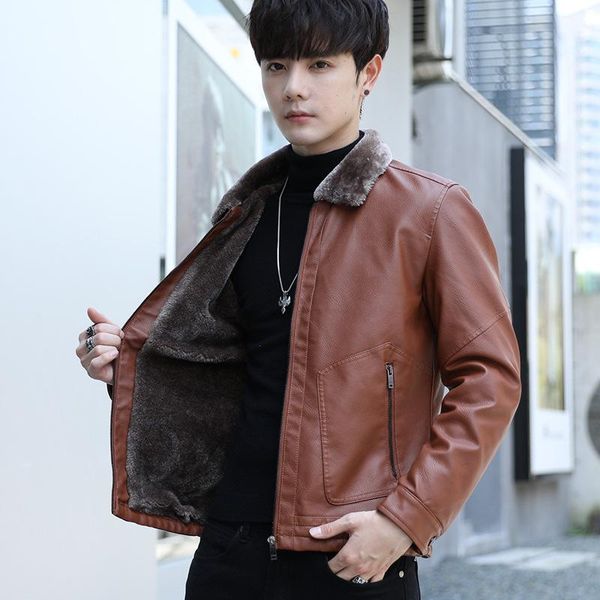 

men's jackets fur male han edition coat lapels locomotive pu leather jacket and velvet thickening leisure young men, Black;brown