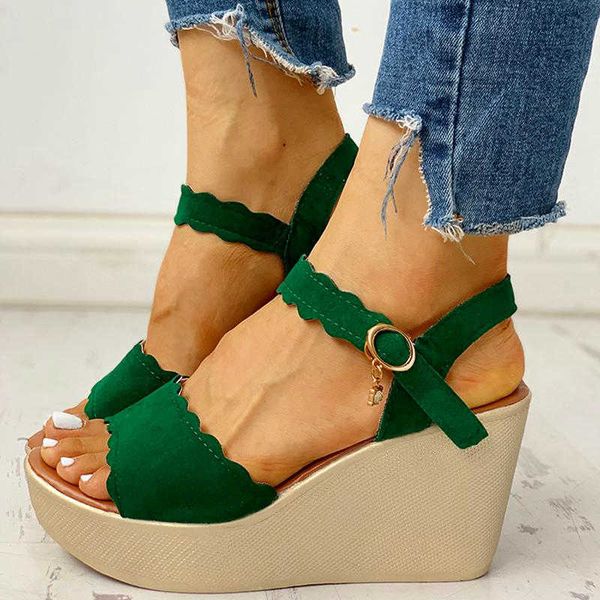 

sandals women summer wedges platform solid thick sole high heels chunky elegant fashion female ladies shoes flock buckle xt44, Black