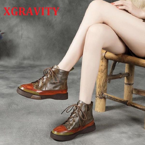 

boots xgravity s076 autumn winter flat shoes elegant cow genuine leather mix color ankle zip lace up footwear, Black