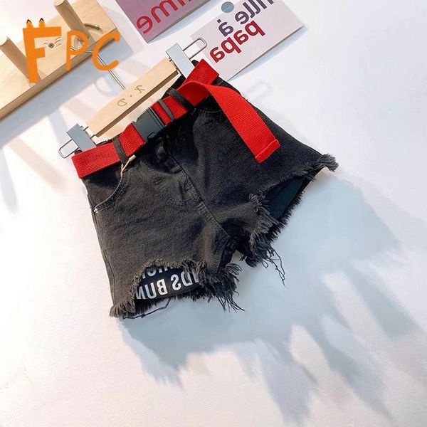 

shorts solid hole sashes fashion denim for girls sheath above knee summer short pants 3-9year little kids, Black