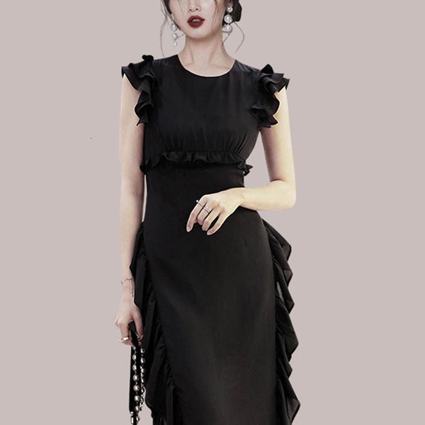 

dresses summer women vintage chic sleeveless patchwork ruffles midi ladies elegant party, Black;gray