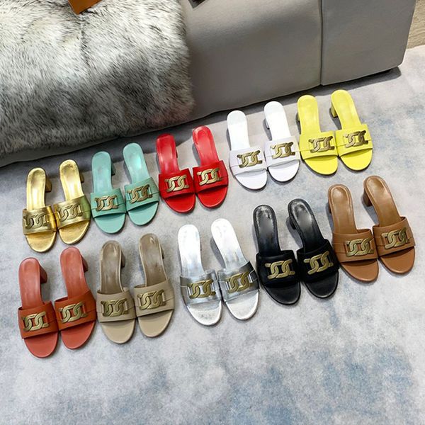 

womens fashion luxurys designers flat high slippers flip flops australia summer leather outsole metal chain slides ladies shoes classic, Black