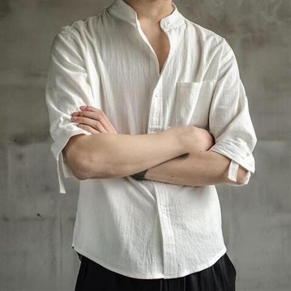 

men's casual shirts men summer half sleeve shirt stand collar loose buttons closure solid color retro harajuku camisas, White;black