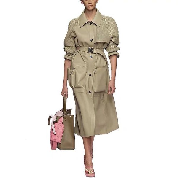 

jackets winter fashion jacket natural 100% genuine leather long windbreaker female belt decoration green sheepskin w, Black;brown