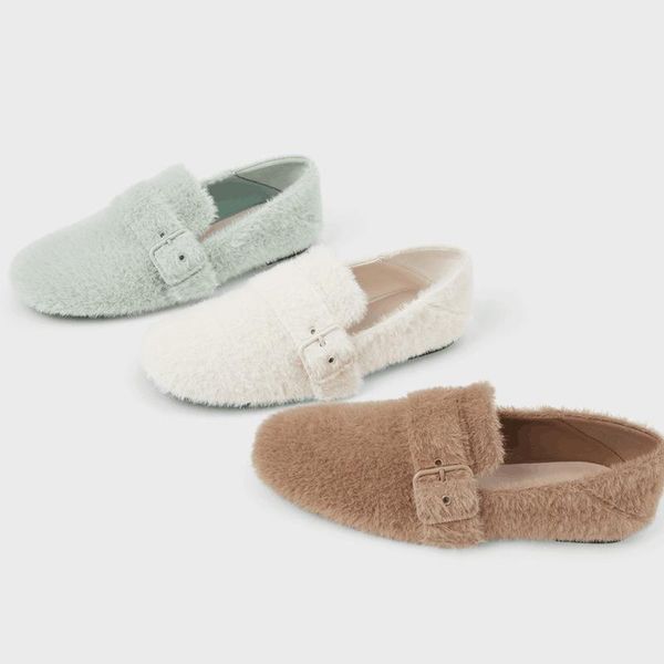 

winter mao shoes women's trip belt plush non-slip flat loafers thick warm cotton slippers, Black