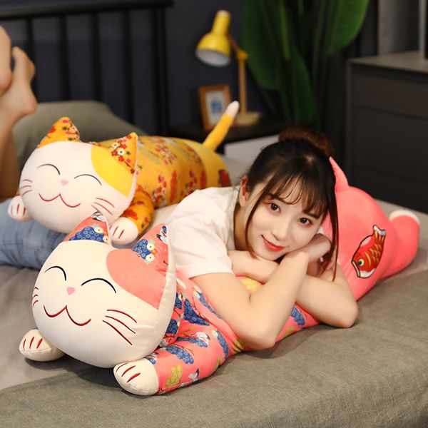 

80120cm stuffed lying fortune cat toy round seat cushion square throw pillow red pink blue yellow children birthday gift