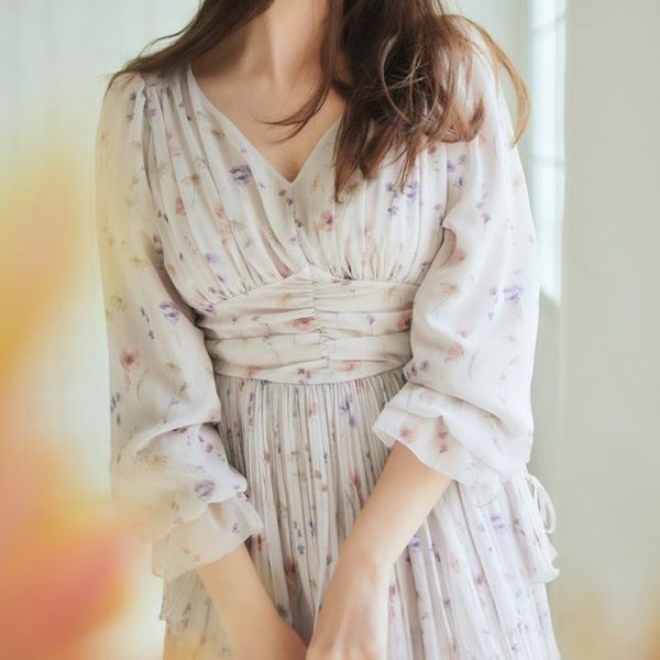 

casual dresses japanese pleated for women 2021 fresh asymmetrical vestidos feminino temperament irregular v-neck woman print dress, Black;gray