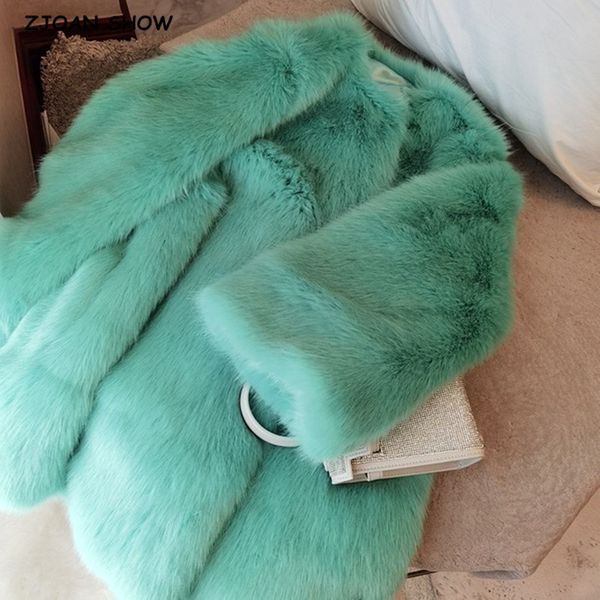 

women's wool & blends keep warm women winter turquoise green hairy shaggy faux fox fur jacket elegant long sleeve furry coat party, Black