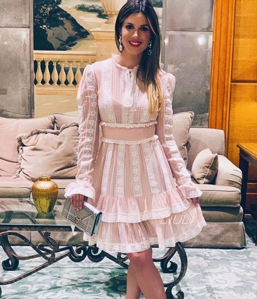

long sleeve winter runway fashion pink women autumn vertical lace patchwork cotton bow tie up, Black;gray
