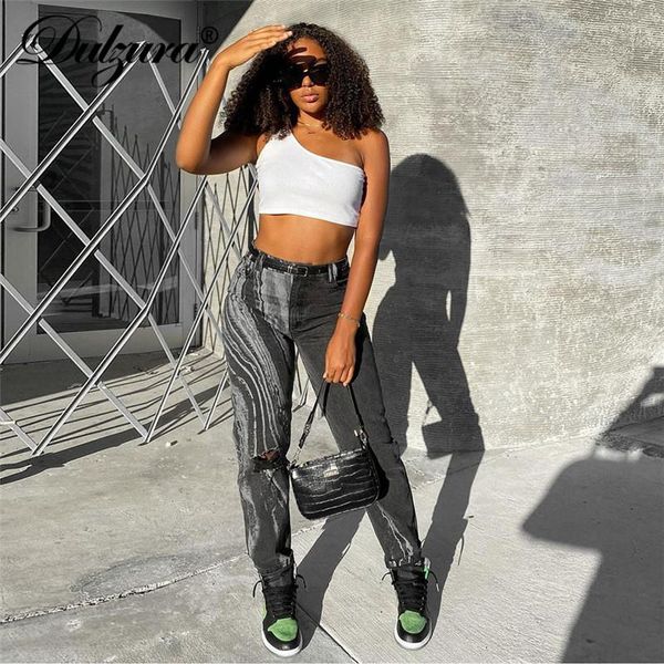 

women's jeans dulzura tie dye print women high waist hole harem streetwear fashion pants straight trousers vintage 2021 summer, Blue