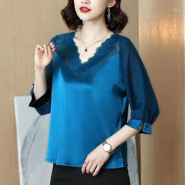 

korean silk women blouses woman v-neck blouse shirt lace embroidery plus size blusas mujer de moda 2021 women's & shirts1, White