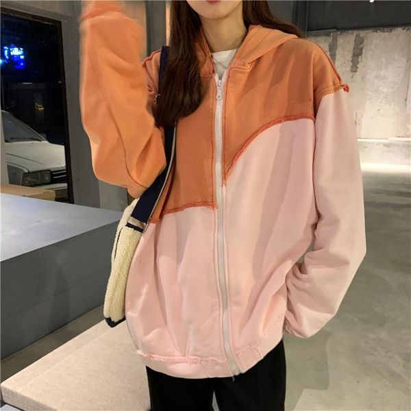 

women's patchwork zipper jacket long sleeve oversize coat harajuku fashion windbreaker hooded jackets, Black;brown