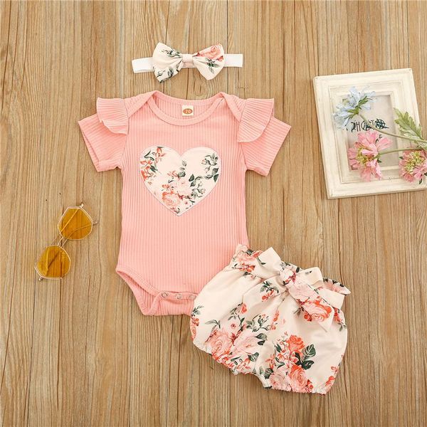 

baby girl summer casual clothes set 3pcs, infant fashion ruffle short sleeve rib knit romper + floral shorts headband clothing sets, White