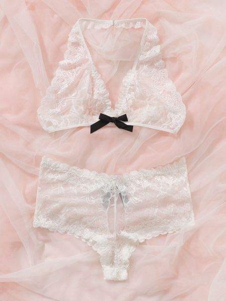 

plus floral lace bow decor lingerie set p1sw#, Black;white