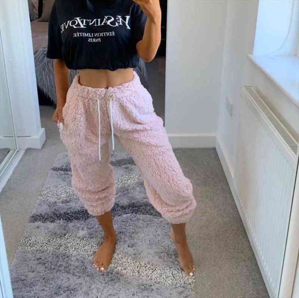 

casual furry plush sweatpants women joggers trousers plus size lace-up soft warm home pants for female fleece pants, Black;white