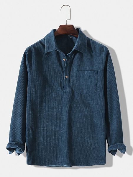 

men half button pocket patched corduroy shirt g223#, White;black