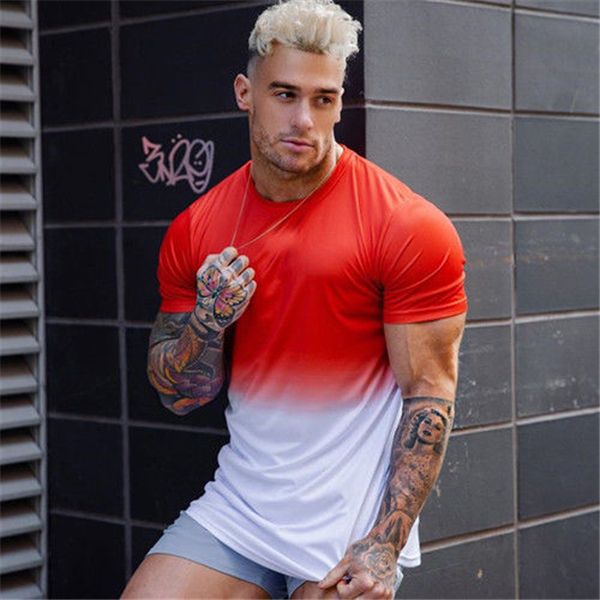

fashion men tshirt gradient color male summer skinny t-shirt tee shirt men v print casual designer gym fitness breathable tight fast compres, White;black