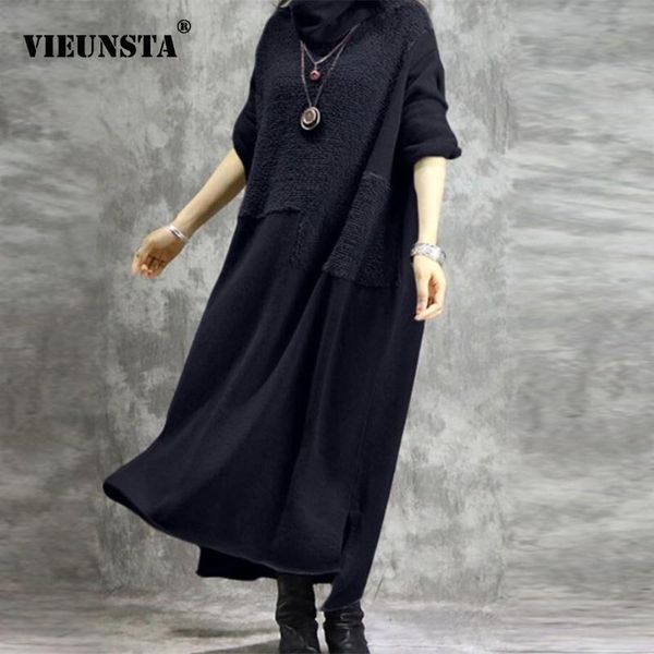 

autumn winter woolen long dress women vintage turtleneck sleeve party femme pocket loose irregular maxi vestido casual dresses, Black;gray