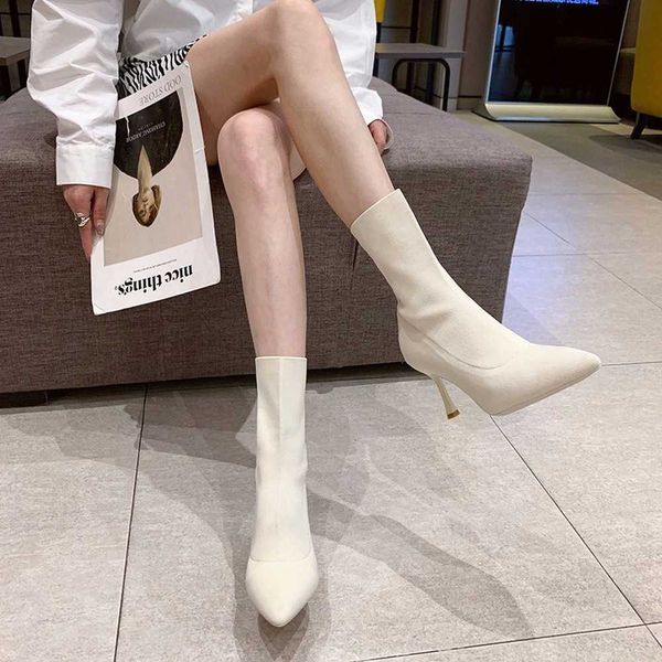 

high heeled shoes boots knitting socks mid-calf thin heel pointed elastic female 8890 210429, Black