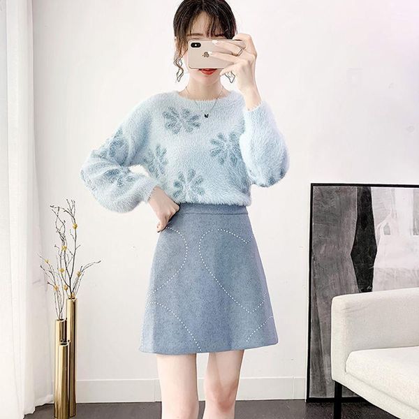 

two piece dress women 2021 autumn winter imitation mink cashmere print knitted pullover sweater + high waist mini skirt set suit e209, White