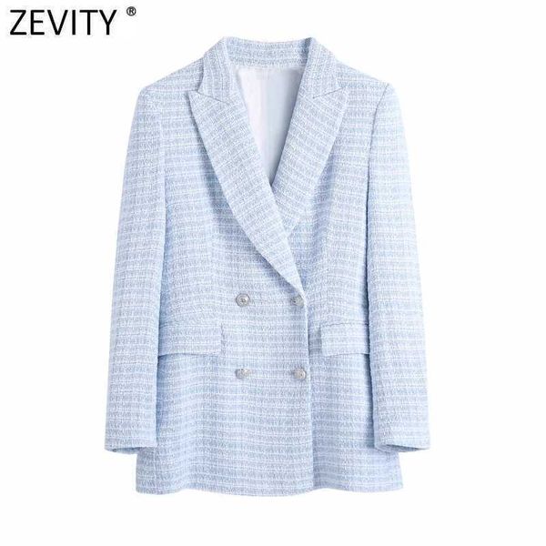 

zevity women elegant plaid pattern tweed woolen blazer coat office lady double breasted suits female chic buttons ct711 210930, White;black