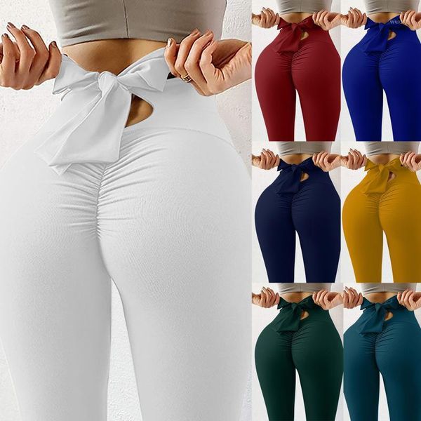 

bow workout fitness gym yoga leggings solid mesh high waist athletic tights women pants grey running sports wear outfit