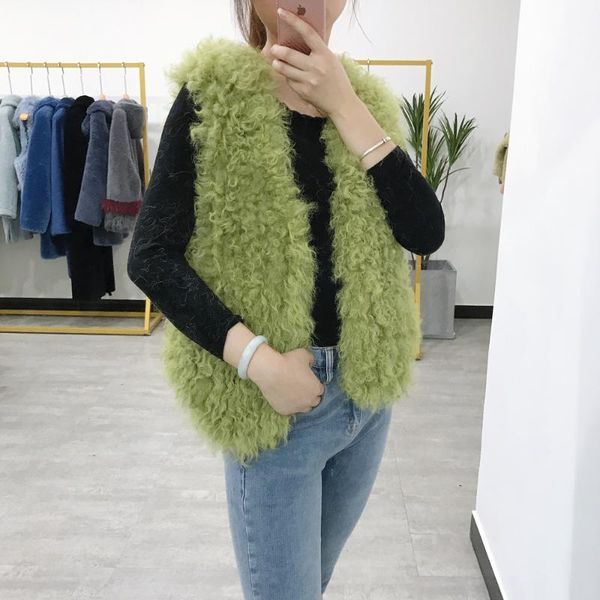 

women's fur & faux sj1043 green color 2021 winter fashionable hand knit simple style sleeveless coat, Black