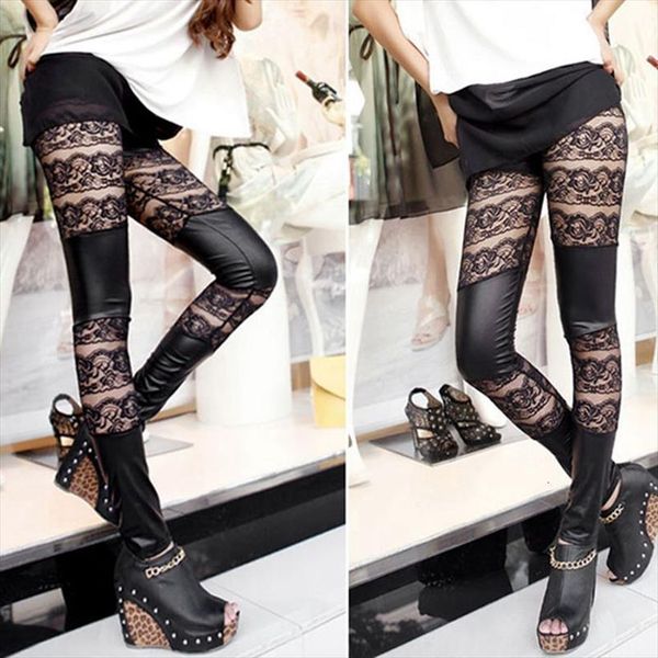 

fashion lace leggings patchwork artificial women pant leather girl party club skinny black floral pants, Black;white