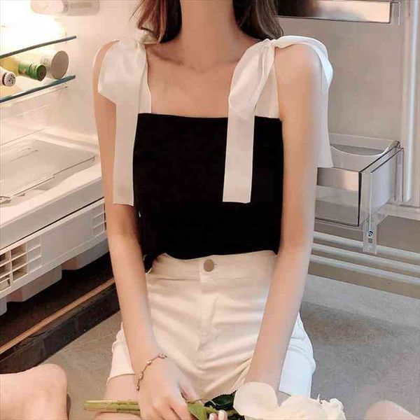 

ribbon bow sling blouse women camis summer style temperament outer wear all match short slim waistcoat camisole, White