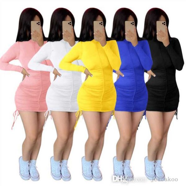 

autumn and winter women long sleeve dresses fashion solid color bodycon pleated dress skinny packaged hip skirts plus size s-2xl, Black;gray