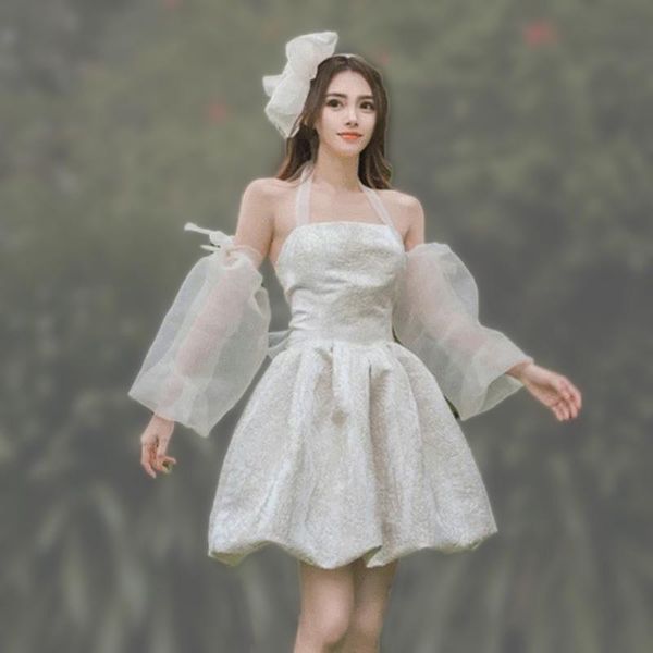 

spring fashion neck-mounted puff sleeve patchwork ruffles slim backless mini sweet women dress casual dresses, Black;gray