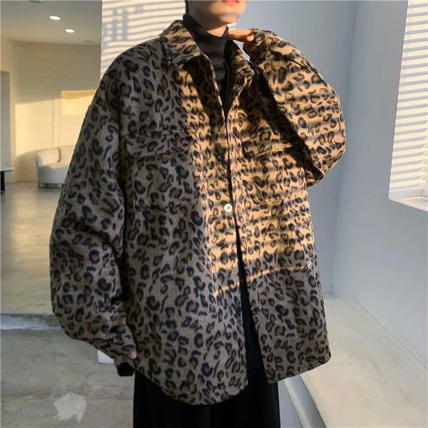 

men's jackets spring autumn vintage woolen leopard jacket outwear loose coat clothes overcoat streetwear, Black;brown