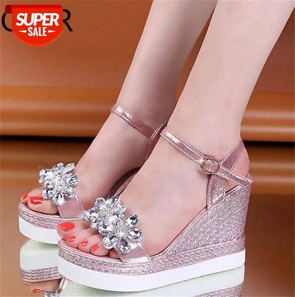 

female fashion flower open toe sandals dress silver women rhinestone wedges platform party shoes woman #kp5y, Black