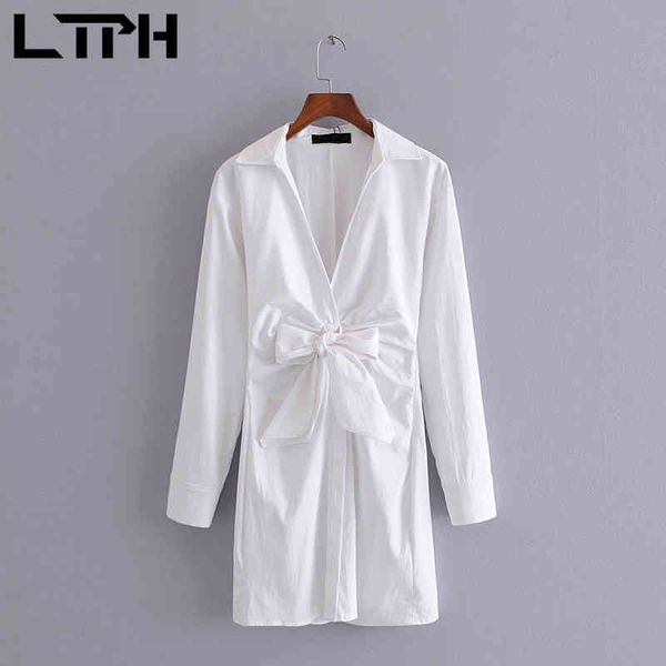 

office lady high waist bow poplin shirt dress women simple white single breasted all-match elegant dresses spring 210427, Black;gray
