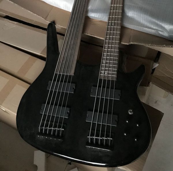 Förderung! Glänzend schwarze Doppelhals-E-Gitarre, 5-saitiger Bass + 6-saitige Gitarren, Griffbrett ohne Bund