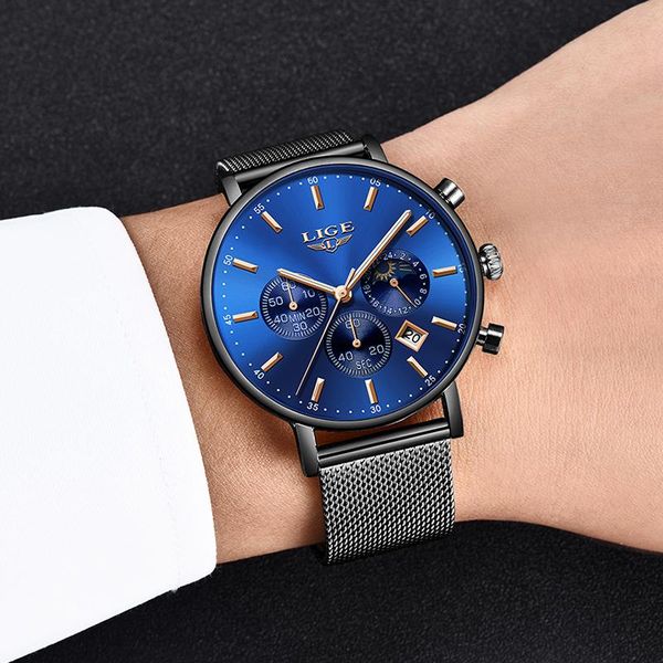 

wristwatches relogios masculino lige men watches 2021 ultra thin date clock male mesh strap casual sports quartz, Slivery;brown