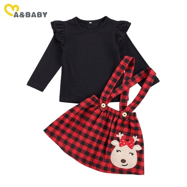 1-6Y Weihnachten Kleinkind Kind Mädchen Kleidung Set Schwarz Top Rot Plaid Röcke Cartoon Deer Weihnachten Outfits Kinder Kostüme 210515