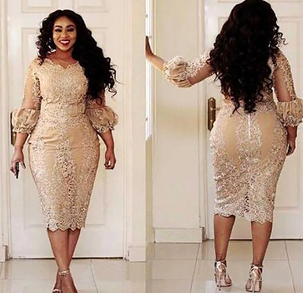 Champagne renda 2021 curto a noiva vestidos plus size chá comprimento 3/4 manga longa bainha mãe do noivo vestidos m02 mor