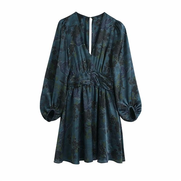 

women's t-shirt elegant women deep floral print dresses fashion ladies waist-controlled dress streetwear female chic v-neck mini v, White