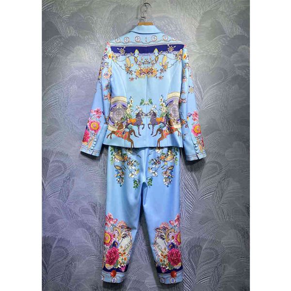 

pants blue seqinyy of the vintage suit 2021 fashion women's track blazer + midi pants stylish printing flower pocket winter combined, White