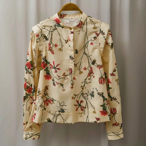 

women's 45soeur shirt long sleeve shirts vintage flowers autumn stand collar classic women high-quality temperament, White