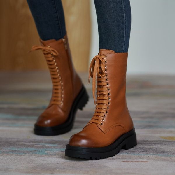 

spring/autumn women shoes round toe mid-heel platform retro boots girls boots flat bottom black boots for women 210507