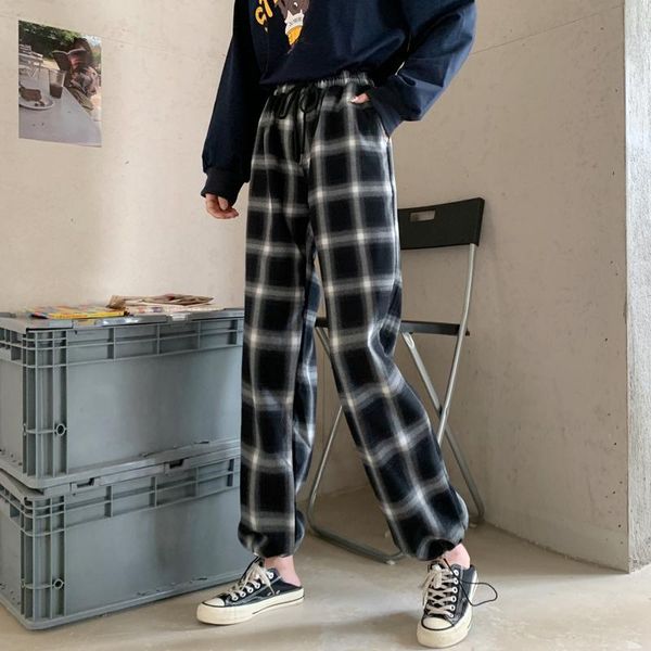 

women's pants & capris women checkered for casual chic black plaid high elastic waist korean style 2021 winter female, Black;white